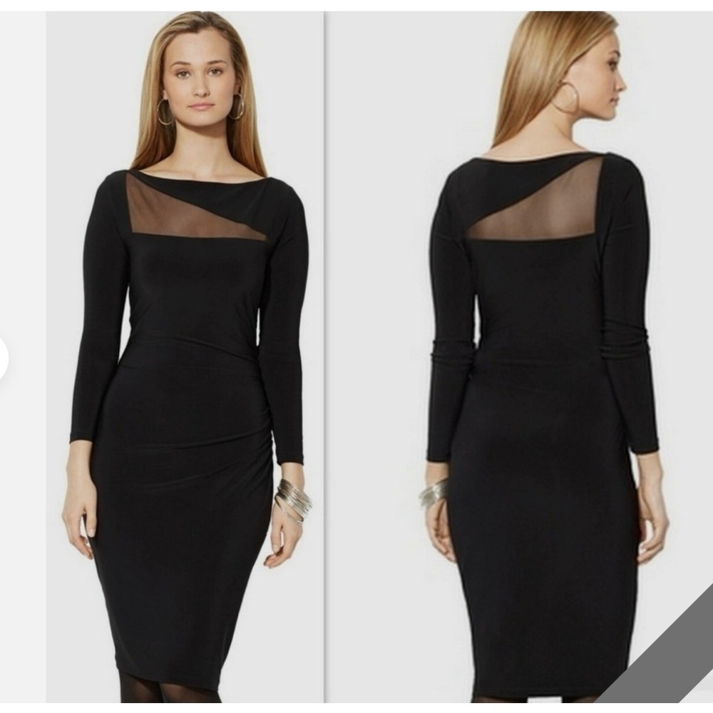Lauren‎ Ralph Lauren Women LongSleeve Midi Dress 10 Bodycon Party Cocktail Mesh